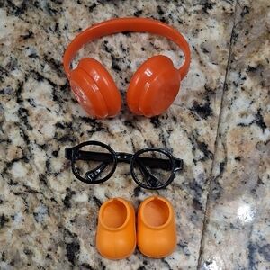 Labubu Orange Headphones and Shoes with Black Glasses